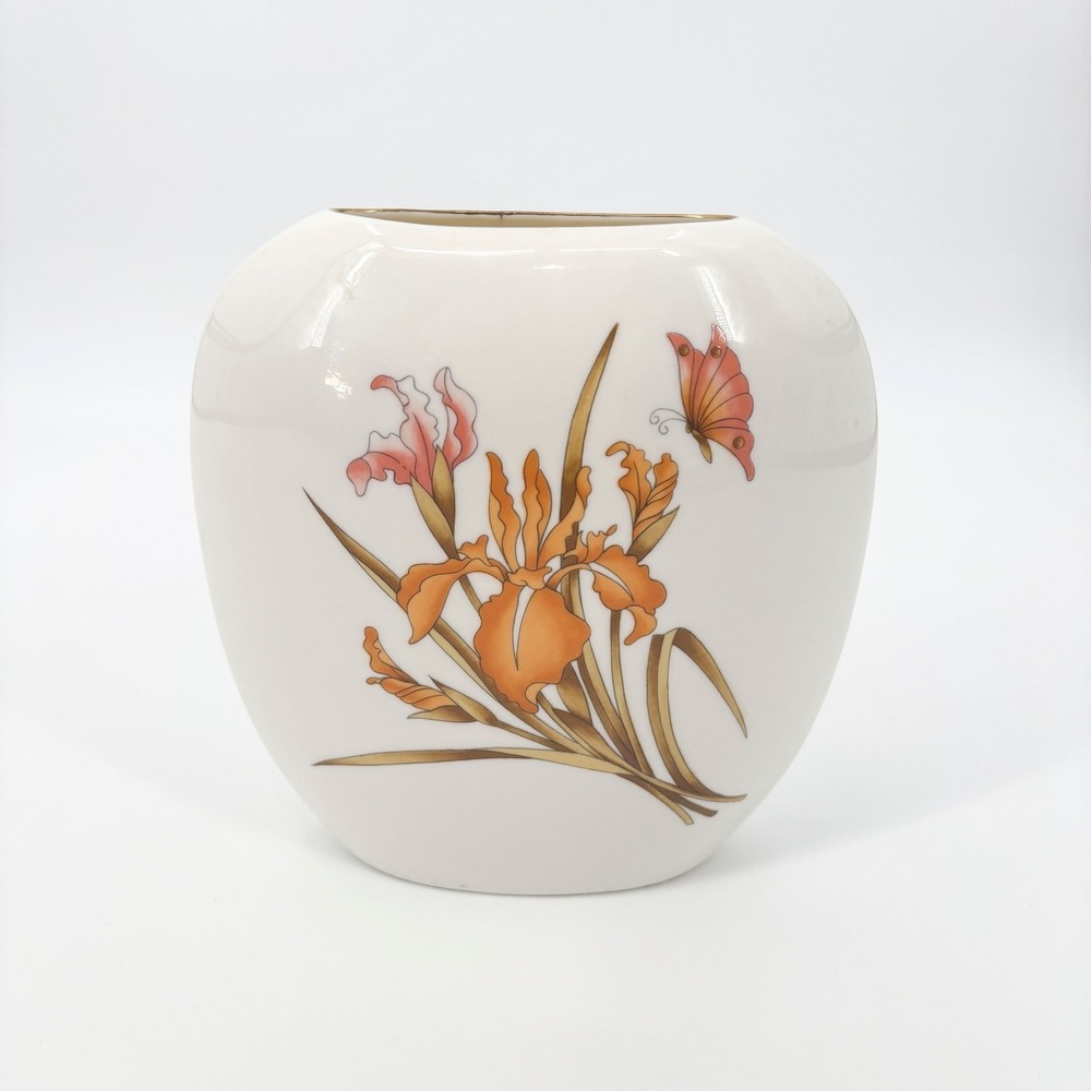 Vintage Floral Ginger Jar Vase – Creamy White with Orchid, Butterfly, Gold‎ Trim